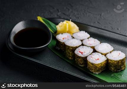Sushi roll set in a plate on black plate