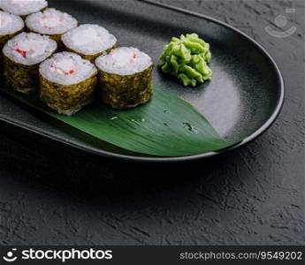 Sushi roll set in a plate on black plate