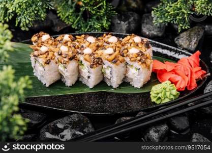sushi roll set with shiitake mushrooms