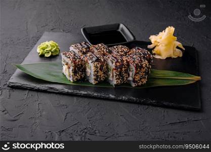 Sushi roll with fish, vegetables and cheese on black