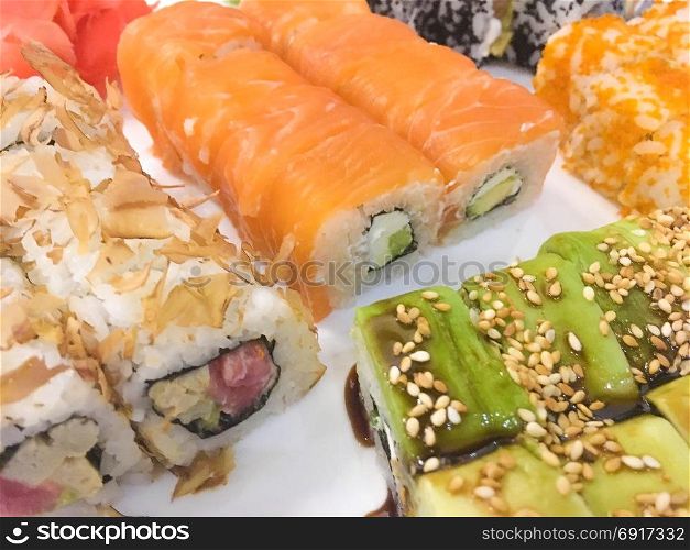 Sushi roll with salmon. Sushi roll with salmon. Asian tasty seafood.