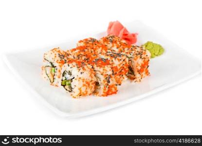 Sushi rolls at plate isolated on a white