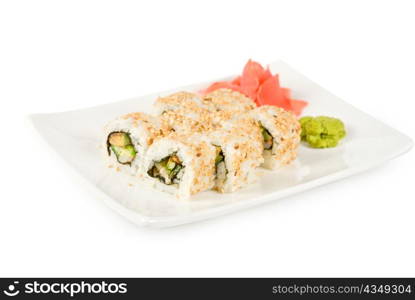 Sushi rolls at plate isolated on a white