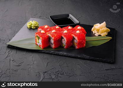 Sushi, rolls, California uramaki with tobiko caviar