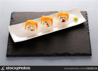 Sushi rolls on a slate plate