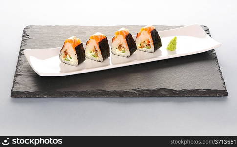 Sushi rolls on a slate plate