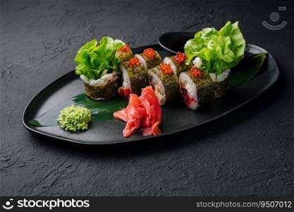 Sushi rolls served on stone slate red caviar