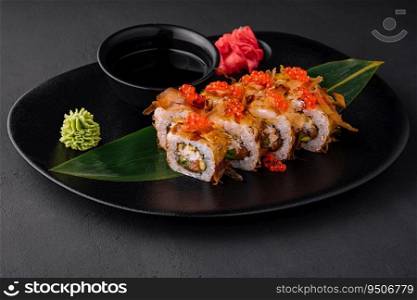 Sushi rolls with bonito flakes, tuna, cheese cream and cucumber