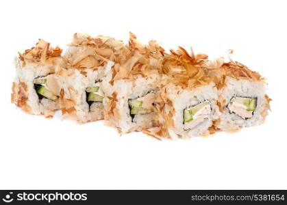 Sushi rolls with eel shaving with cucumber and fish on white