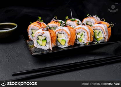 sushi rolls with salmon and eel