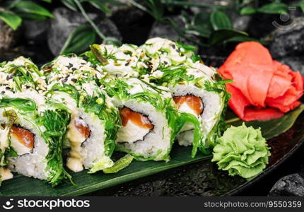 Sushi rolls with salmon, cream cheese in seaweed