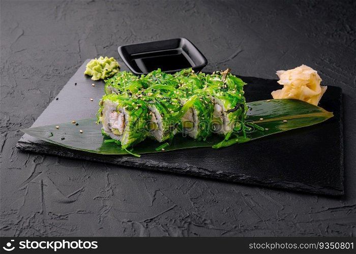 Sushi rolls with seafood and chuka salad