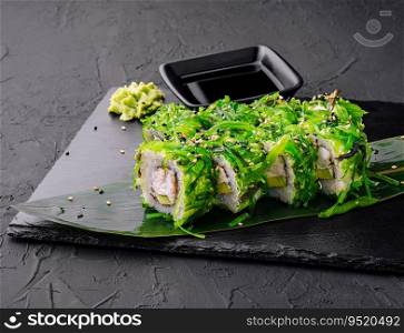 Sushi rolls with seafood and chuka salad