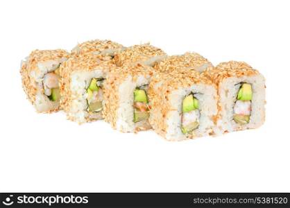 sushi rolls with sesame avocado and shrimp isolated on white