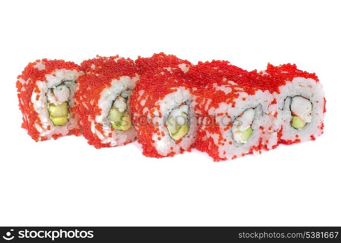 sushi rolls with sesame cucumber and shrimp isolated on white