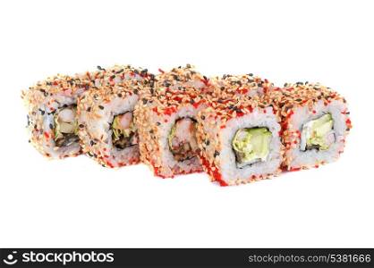 sushi rolls with sesame cucumber, eel and shrimp isolated on white