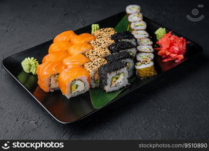 Sushi set assorted on black plate