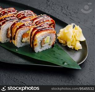 Sushi set canada roll with eel on black stone
