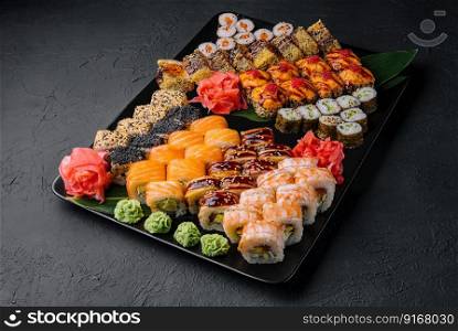 Sushi set on the black plate