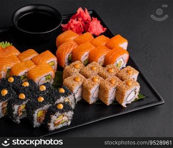 Sushi set on the black tray