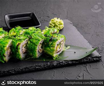 Sushi set uramaki decorated with wasabi and seaweed salad