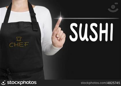 sushi touchscreen is operated by chef. sushi touchscreen is operated by chef.