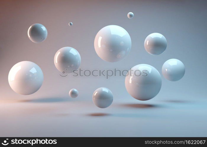 Suspended balls on a warm and cold background. 3D image rendering.
