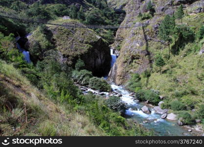 Suspension bridge and river in mountain in Nepal