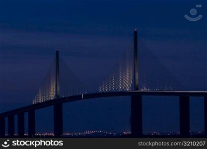 Suspension bridge at night, Sunshine Skyway Bridge, St. Petersburg, Florida, USA