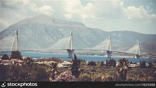 suspension bridge crossing Corinth Gulf strait, Greece.
