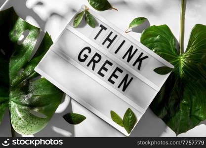 sustainability, environment and ecology concept - close up of light box with go green words and monstera leaves on white background. light box with go green words and leaves