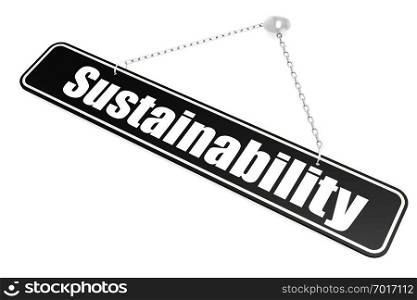 Sustainability word hang on the banner on wall, 3D rendering
