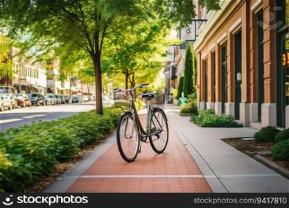 Sustainable City Street Infrastructure with Bike Lanes and Green Spaces. Generative ai. High quality illustration. Sustainable City Street Infrastructure with Bike Lanes and Green Spaces. Generative ai