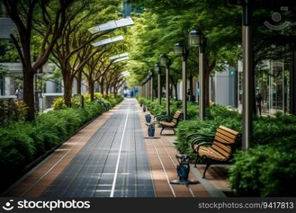 Sustainable City Street Infrastructure with Bike Lanes and Green Spaces. Generative ai. High quality illustration. Sustainable City Street Infrastructure with Bike Lanes and Green Spaces. Generative ai