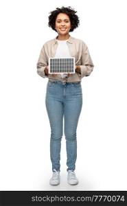 sustainable energy, power and sustainability concept - happy smiling woman with solar battery model over white background. happy smiling woman with solar battery model