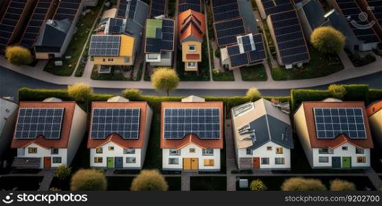 Sustainable urban village with solar cells rooftop of house from aerial view. distinct generative AI image.. Sustainable urban village with solar cells rooftop of house from aerial view