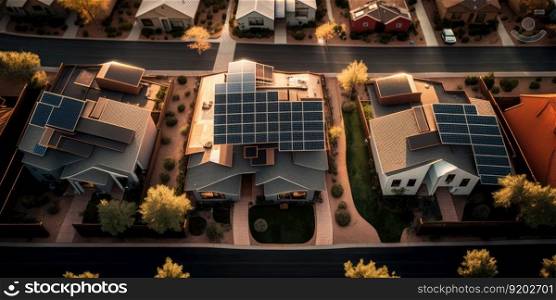 Sustainable urban village with solar cells rooftop of house from aerial view. distinct generative AI image.. Sustainable urban village with solar cells rooftop of house from aerial view