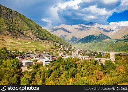 Svan towers in Mestia, Svaneti region, Georgia. It is a highland townlet in northwest Georgia, at an elevation of 1500 metres in the Caucasus Mountains.
