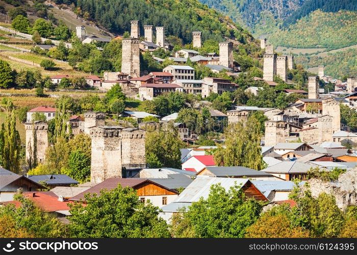 Svan towers in Mestia, Svaneti region, Georgia. It is a highland townlet in northwest Georgia, at an elevation of 1500 metres in the Caucasus Mountains.