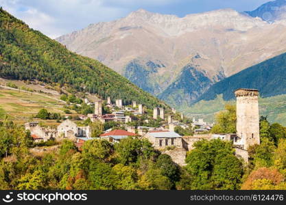 Svan towers in Mestia, Svaneti region, Georgia. It is a highland townlet in northwest Georgia, at an elevation of 1500 metres in the Caucasus Mountains.