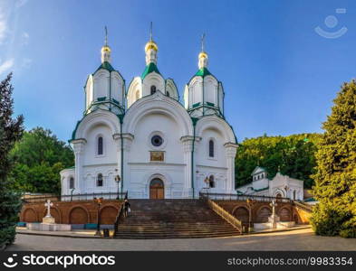 Svyatogorsk, Ukraine 07.16.2020.  Assumption Cathedral on the territory of the Svyatogorsk Lavra  in Ukraine, on a sunny summer morning. Assumption Cathedral in the Svyatogorsk Lavra