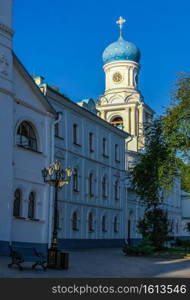 Svyatogorsk, Ukraine 07.16.2020.  Intercession Church on the territory of the Svyatogorsk Lavra  in Ukraine, on a sunny summer morning. Church of the Intercession in the Svyatogorsk Lavra