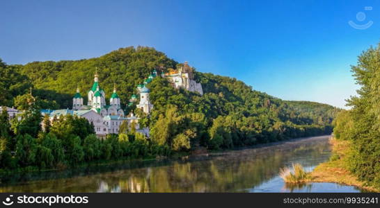 Svyatogorsk, Ukraine 07.16.2020.  Panoramic view of the Holy Mountains Lavra of the Holy Dormition in Svyatogorsk or Sviatohirsk, Ukraine, on a sunny summer morning. The Holy Mountains Lavra in Svyatogorsk, Ukraine