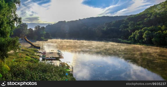 Svyatogorsk, Ukraine 07.16.2020.  Seversky Donets River near the Svyatogorsk or Sviatohirsk lavra on a sunny summer morning. Seversky Donets River near the Svyatogorsk lavra in Ukraine