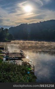 Svyatogorsk, Ukraine 07.16.2020.  Seversky Donets River near the Svyatogorsk or Sviatohirsk lavra on a sunny summer morning. Seversky Donets River near the Svyatogorsk lavra in Ukraine