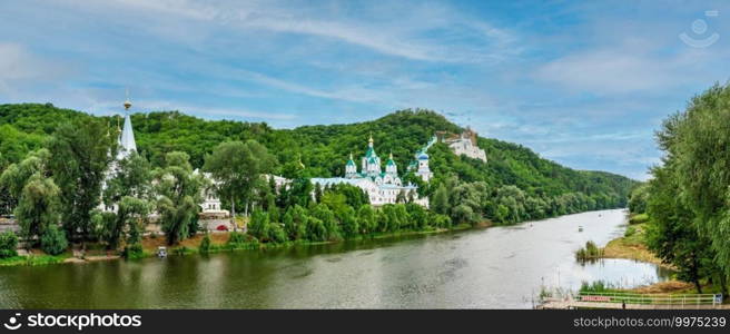 Svyatogorsk, Ukraine 07.16.2020.  Seversky Donets River near the Svyatogorsk or Sviatohirsk lavra on a sunny summer morning. Seversky Donets River near the Svyatogorsk lavra in Ukraine