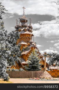 Svyatogorsk, Ukraine 07.16.2020.  Wooden All Saints skete, a part of the Svyatogorsk Lavra in Ukraine, on a sunny summer day. Wooden All Saints skete in Svyatogorsk, Ukraine