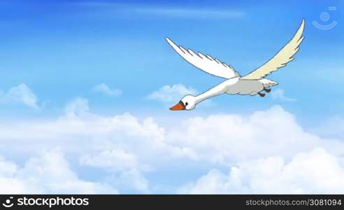 Swan Flies in the Cloudy Sky. Handmade animation, motion graphic.