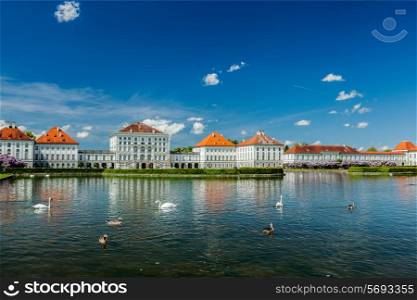 Swans and ducks in artificial pool in front of the Nymphenburg Palace. Munich, Bavaria, Germany