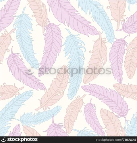 Swans and feathers seamless pattern. A beautiful pattern for pastel clothes and other cute things for girls.. Feathers seamless pattern. Feathers of tender shades. Swan lake pattern